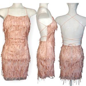 QUII Exquisite Collection backless lace spaghetti strap rose fringe dress small